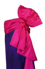 1970s Bill Blass Dramatic Pink & Purple Ruffled Bow Silk Dress