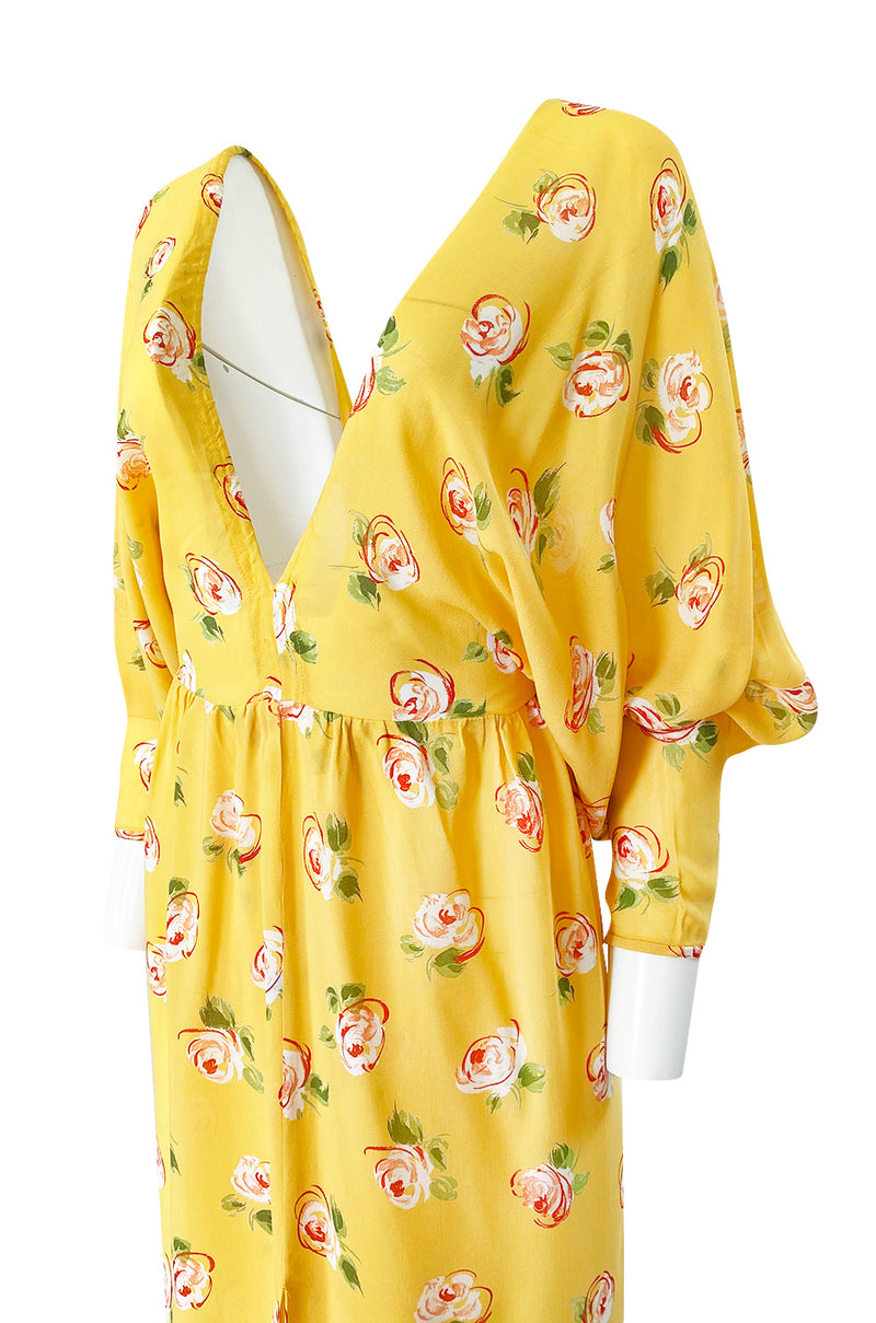 1970s Jean Varon Deep Front & Back Plunge Floral Print Yellow Crepe Dress