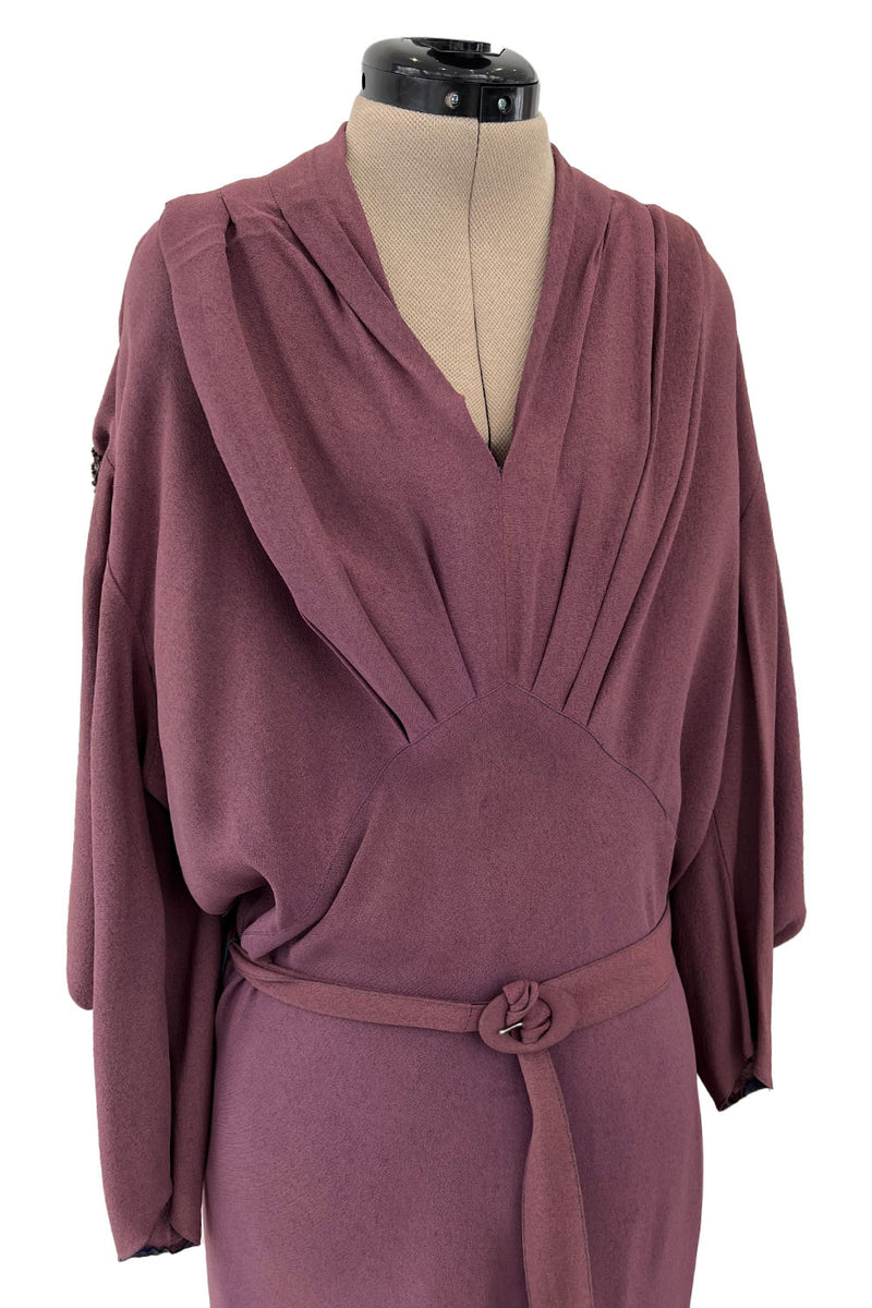 Unusual 1930s Avant Garde Mauve Moss Crepe Dress w Hand Beaded Sleeve Detailings