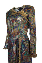 Fall 1990 Oscar de la Renta Printed Metallic Silk Dress w Brass Bell Edging