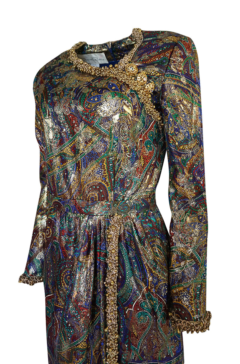 Fall 1990 Oscar de la Renta Printed Metallic Silk Dress w Brass Bell Edging