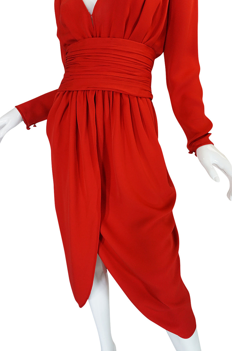 1980s Valentino Haute Couture Plunging Red Silk Dress