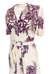 1940s Unlabeled Purple Floral Print Stretch Rayon Jersey Ivory Dress