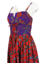 1970s Mollie Parnis Corset Front Purple & Red Floral Print Dress