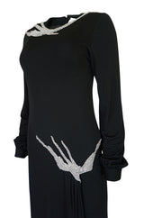 1970s John Anthony Demi-Couture Black Silk Jersey Dress w Hand Beaded Birds