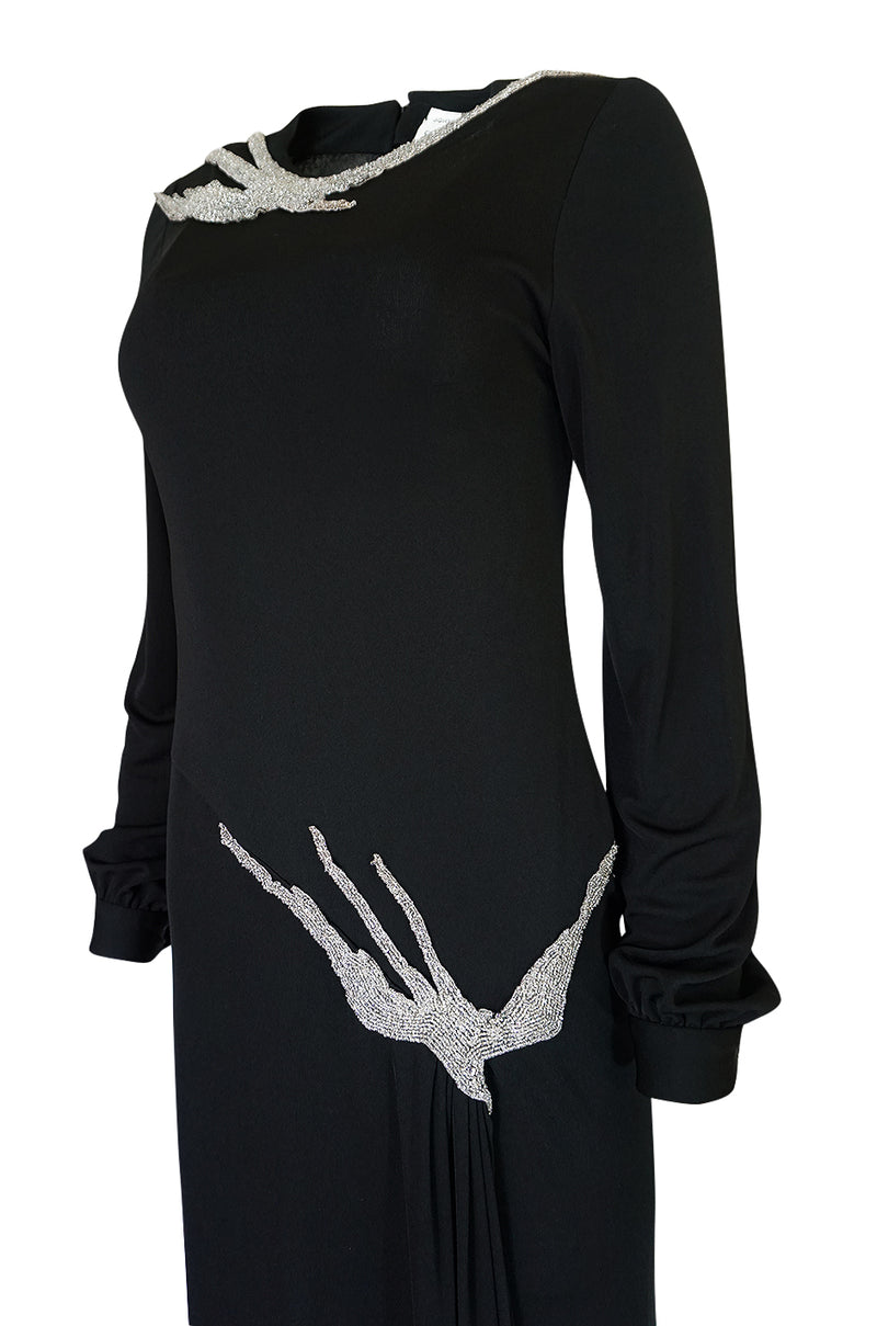 1970s John Anthony Demi-Couture Black Silk Jersey Dress w Hand Beaded Birds