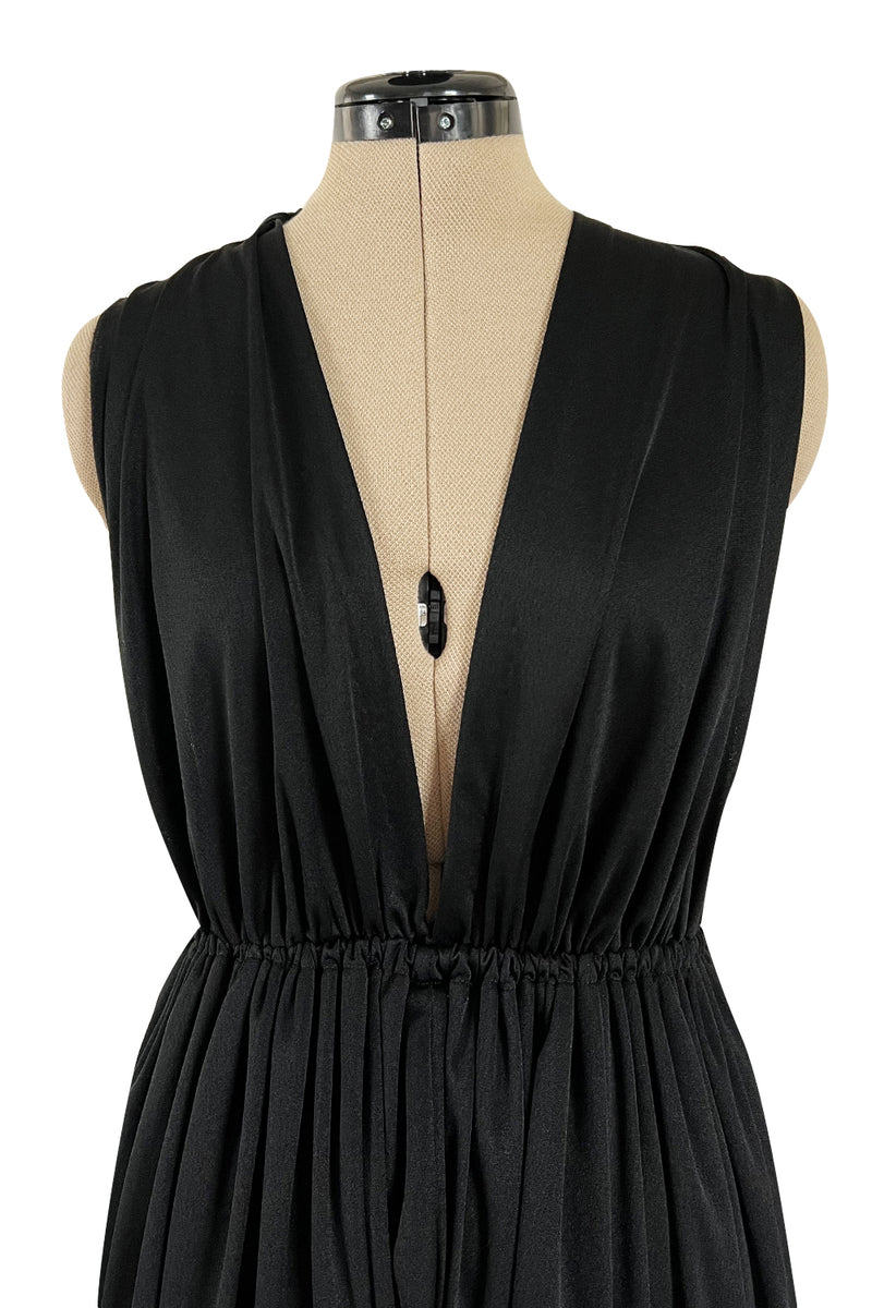 Iconic 1970s Halston Jersey Side & Front Plunging Black Jersey Jumpsuit