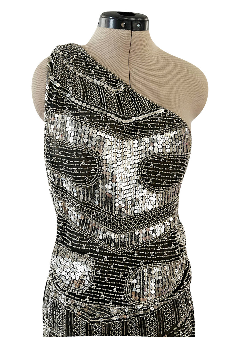 Spring 1981 Unlabeled Halston One Shoulder Silver Sequin & Black Silk Chiffon Dress