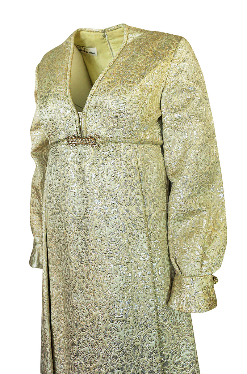 1960s Malcolm Starr Green & Gold Metallic Brocade Maxi Dress