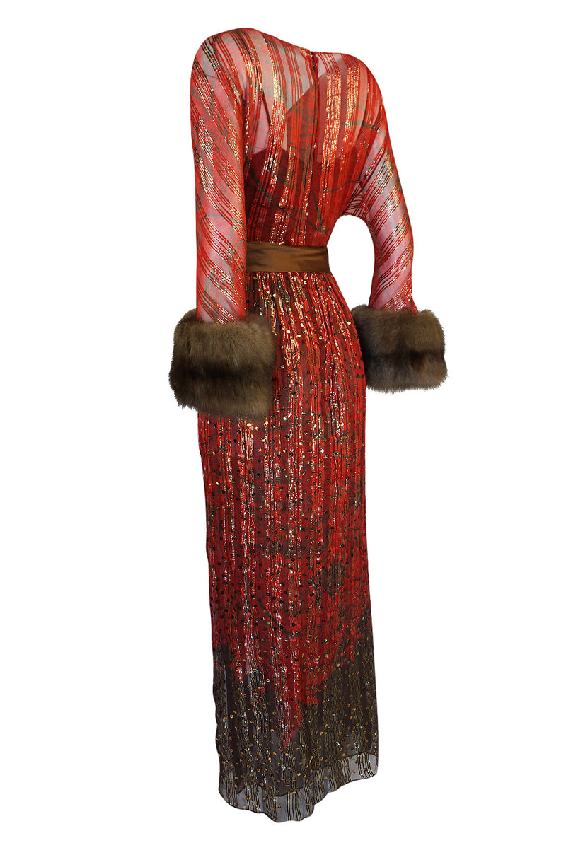 Fall 1979 Bill Blass Couture Hand Sequin Gold & Red Silk Chiffon Dress