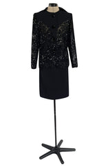 1980s Ady Couture Lausanne Transparent Lace & Sequin Jacket Suit w Black Pencil Skirt