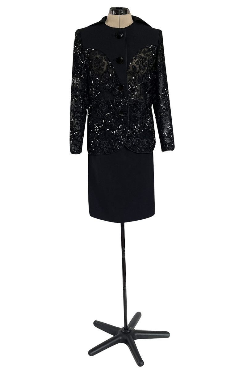 1980s Ady Couture Lausanne Transparent Lace & Sequin Jacket Suit w Black Pencil Skirt