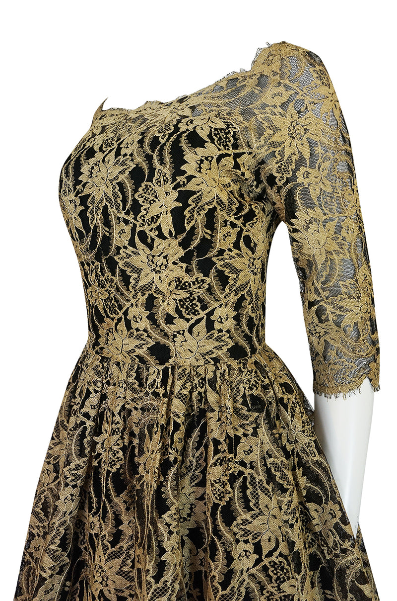 Rare 1950s Jacques Heim Full Skirted Black Net Dress w Gold Thread Lace