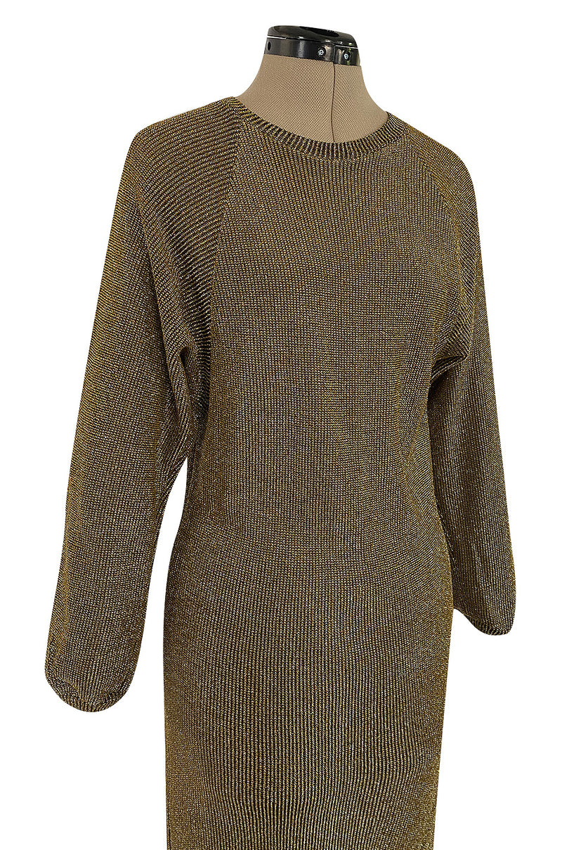 1980s Bill Blass Easy Fitting Gold Lurex Knit American Sportswear Chic Feeling Dress