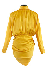 1980s Ady Couture Lausanne Yellow Bias Cut Silk Satin Two Way Tunic or Mini Dress