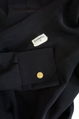 1980s Chanel Black Silk Top w 4 Leaf Clover Gold Buttons