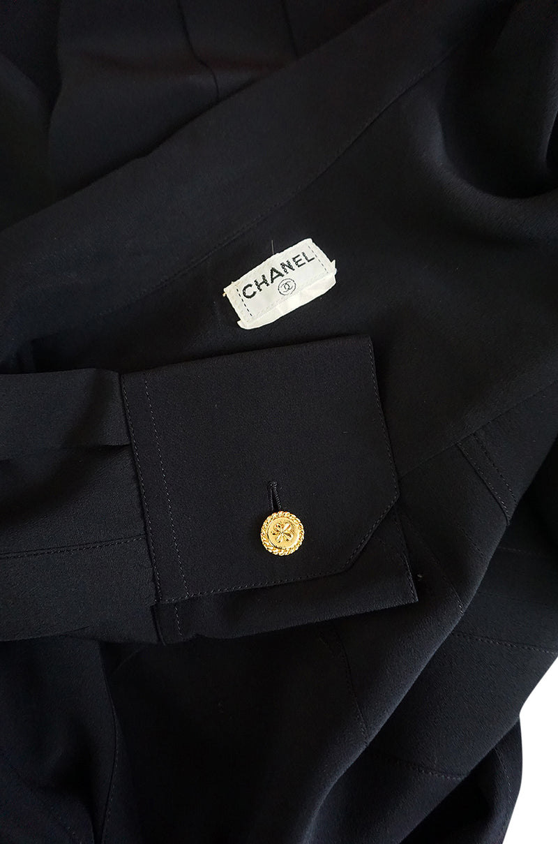 1980s Chanel Black Silk Top w 4 Leaf Clover Gold Buttons – Shrimpton Couture