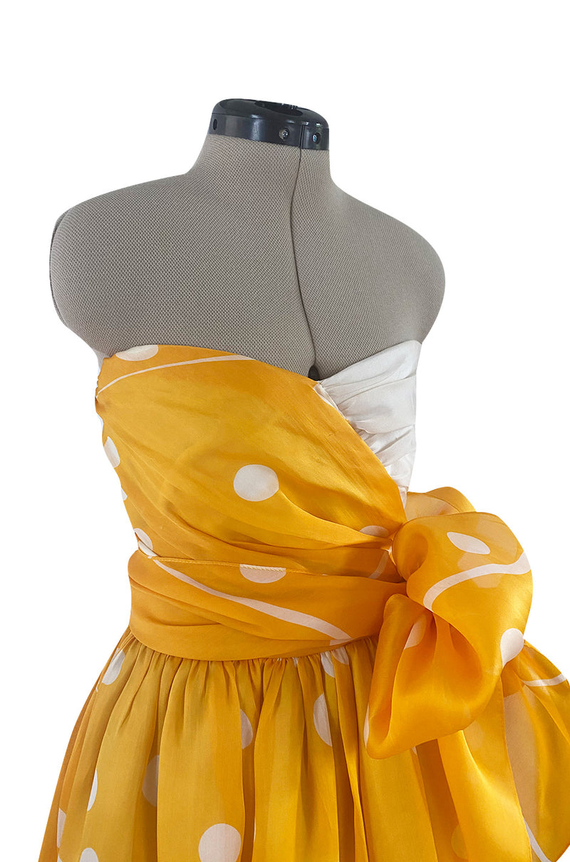 Spring 1985 Bill Blass Dotted Yellow & White Silk Organza Ad Campaign Strapless Dress