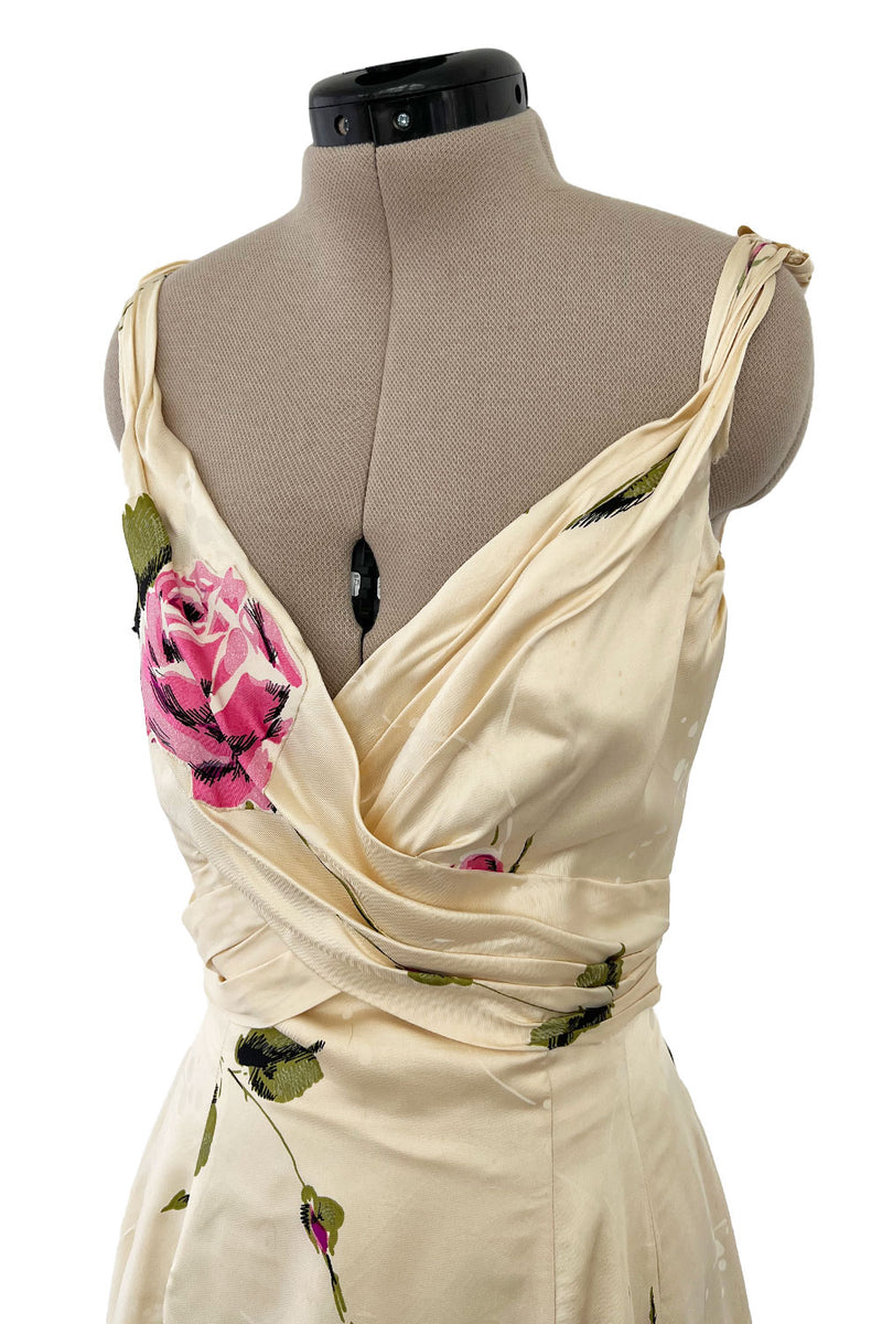 Gorgeous 1940s Unlabeled Ivory Silk Twill Dress w Painted & Appliqued Rose Print