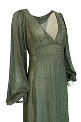 1970s Ossie Clark Metallic Green & Silver Lurex Knit Lame Plunge Dress
