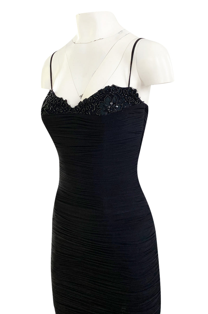 1980s Vicky Tiel Couture 'Kaimak' Gathered Black Net Fitted Dress w Beading Detailing