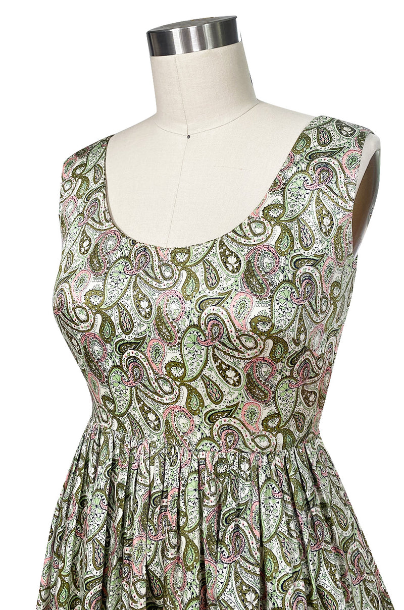 c.1954 Claire McCardell Green & Pink Print Cotton Sun Dress w Belt