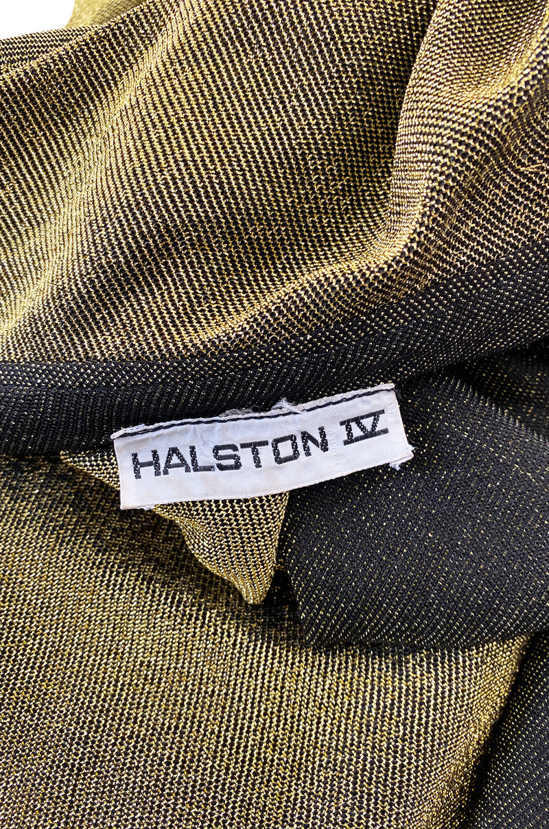 c.1978 Halston One Shoulder Gold Lame Jersey Full Length Maxi Dress