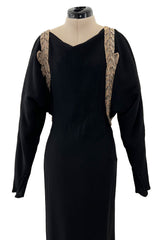 Fabulous 1930s Black Bias Cut Silk Crepe Dress w Unusual Rhinestone & Beaded Applique