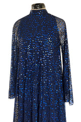 Incredible 1970-1972 Mollie Parnis Blue Sequin on Silk Chiffon Caftan Dress w Wide Sleeves