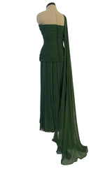 Spectacular Late 1970s Galanos Moss Green Silk Chiffon Car Wash Hem Dress w Draped Shoulder Panel