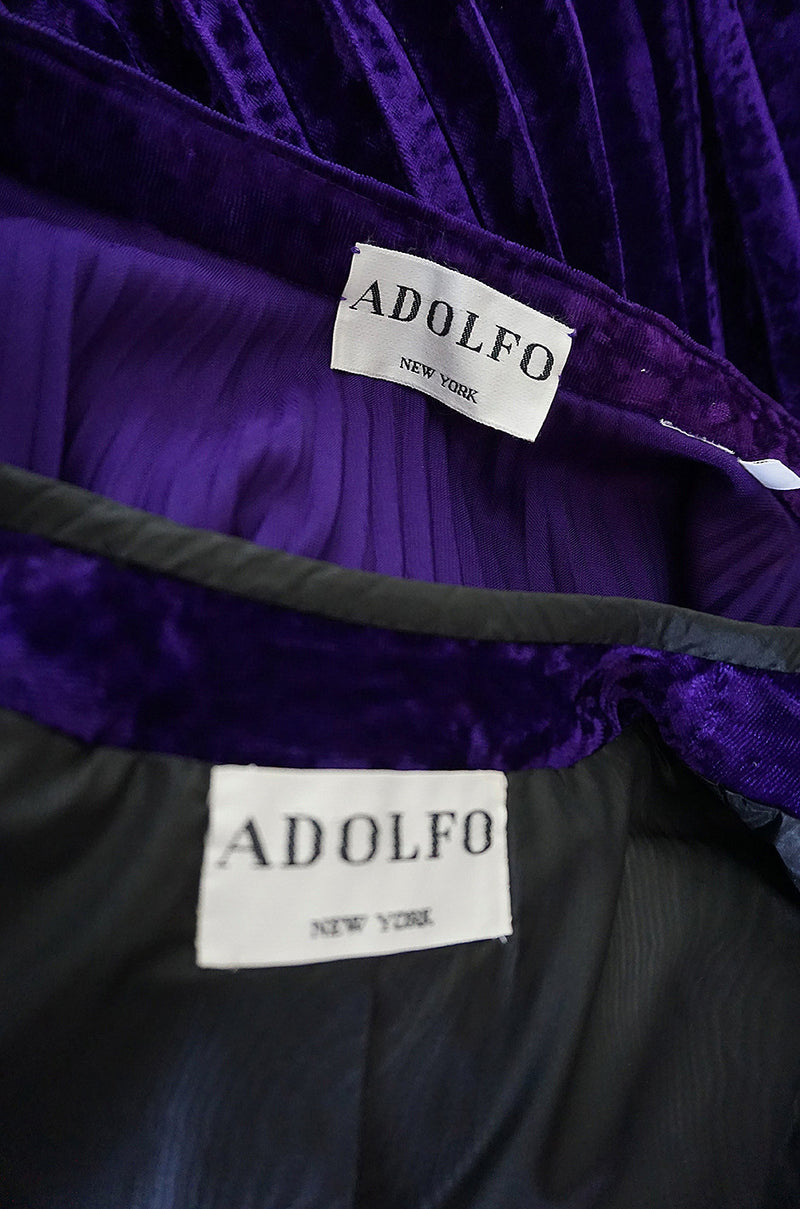 1970s Adolfo Purple Velvet Jacket & Pleated Skirt Suit