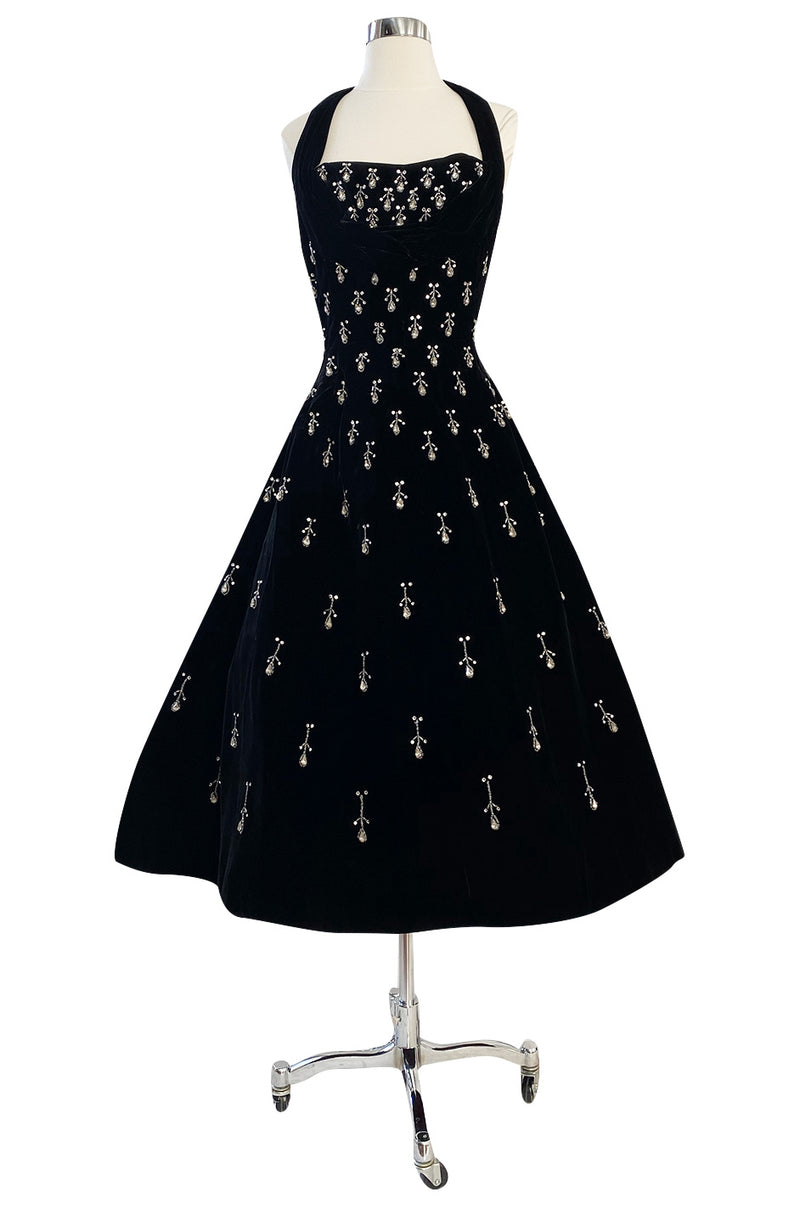 Incredible 1950s Ceil Chapman Jewelled Rhinestone Tear Drop Black Velvet Shelf Bust Dress
