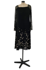 Late 1970s Pauline Trigere Black Silk Chiffon Dress w Silver Fused Glitter Flower Design