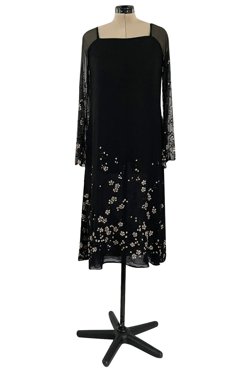 Late 1970s Pauline Trigere Black Silk Chiffon Dress w Silver Fused Glitter Flower Design