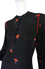 1970s Ann Buck Jersey with Leather Trim Print Dress