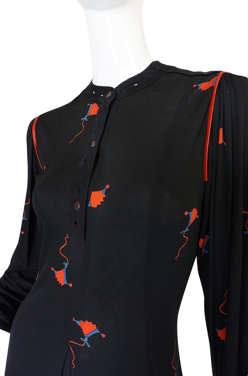 1970s Ann Buck Jersey with Leather Trim Print Dress