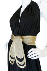 1980 Bill Tice Plunge Black & Gold Backless Halter Dress