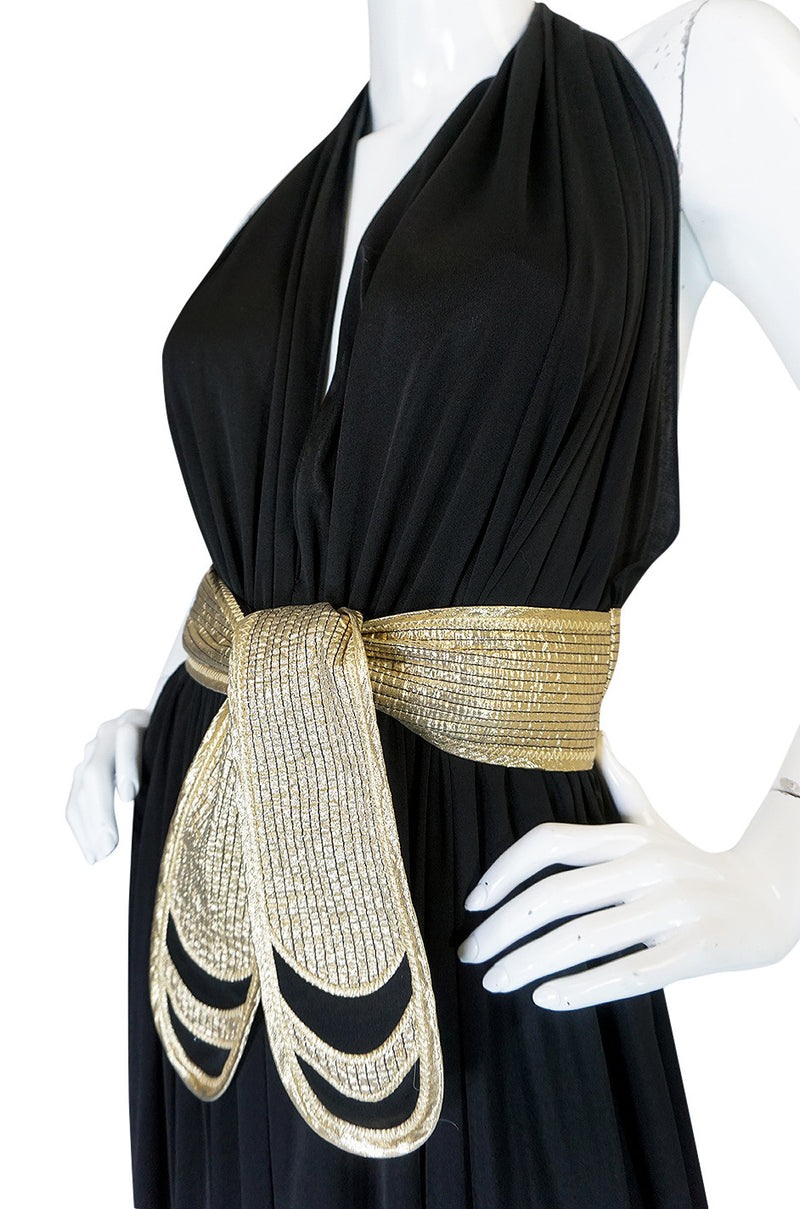 1980 Bill Tice Plunge Black & Gold Backless Halter Dress