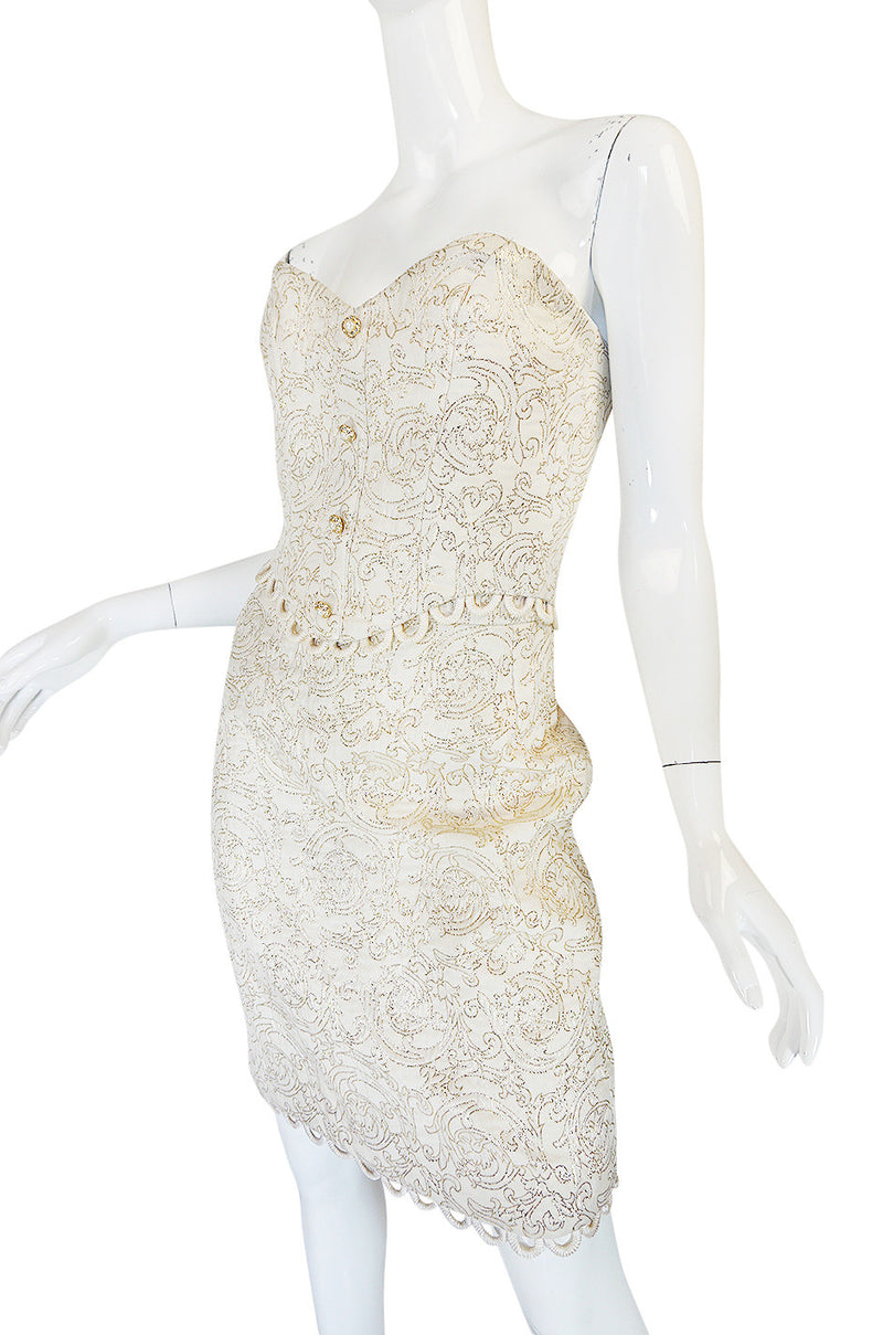 1980s Zandra Rhodes Gold & Cream Bustier Skirt Set