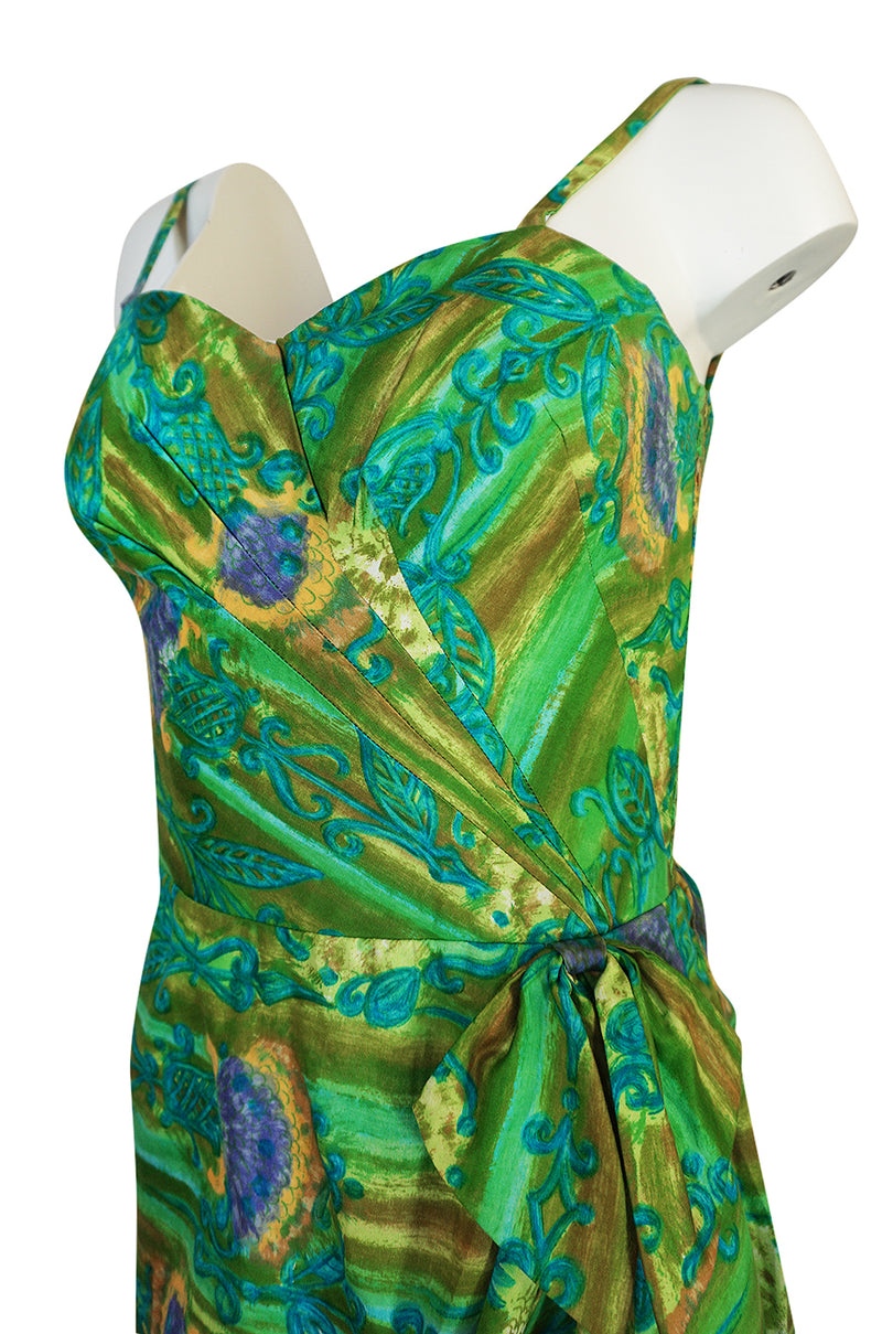 1950s Mildreds of Hawaii Green & Blue Print Cotton Summer Dress
