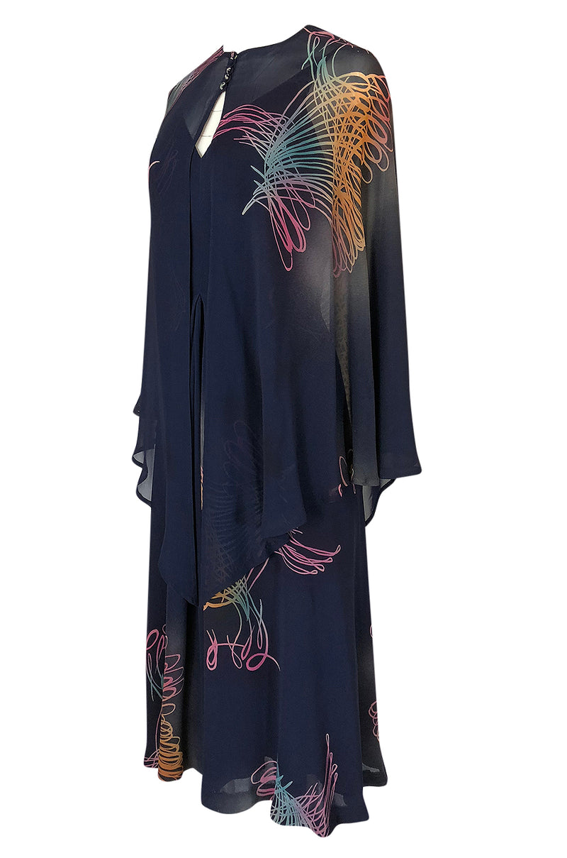 c.1977 Pauline Trigere Silk 'Fireworks' Print Halter Dress & Cape