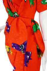 1980s Bow Print Odicini Couture Red Wrap Dress