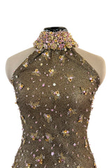 Incredible 1990s John Anthony Couture Gold Lame Mesh Beaded Dress w Beaded Choker
