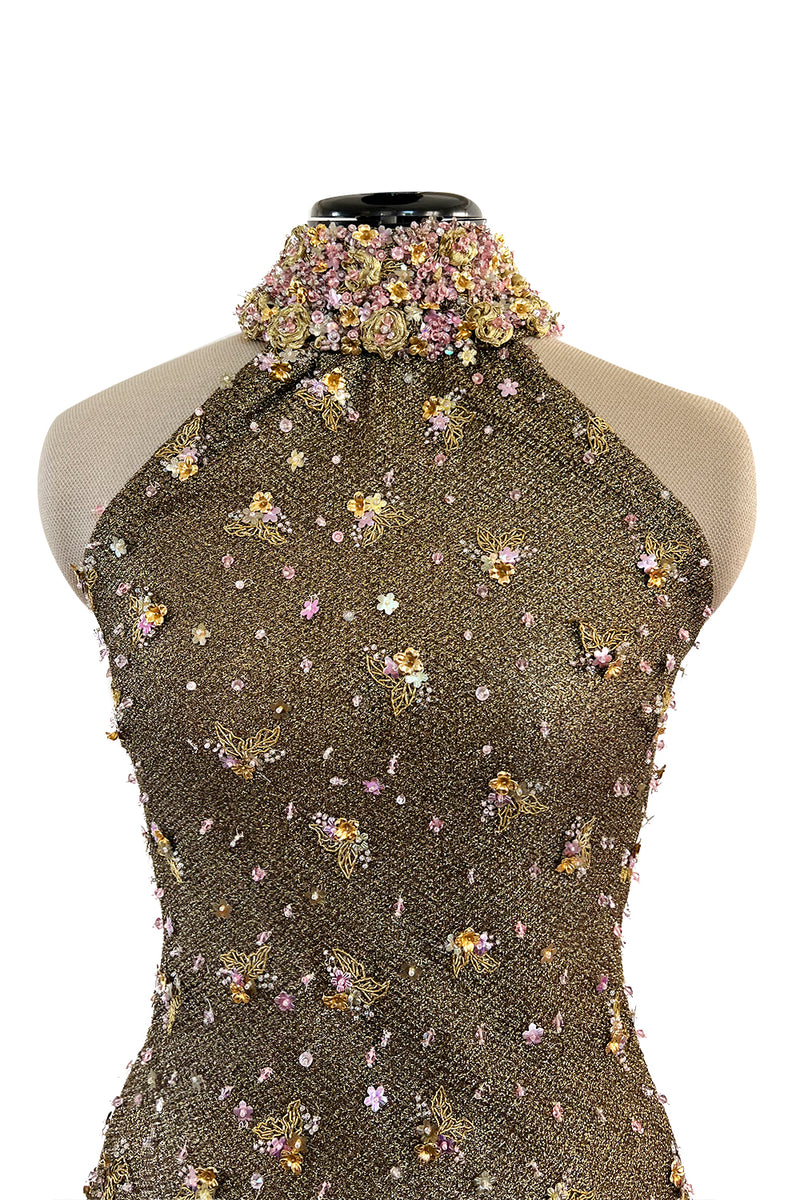 Incredible 1990s John Anthony Couture Gold Lame Mesh Beaded Dress w Beaded Choker