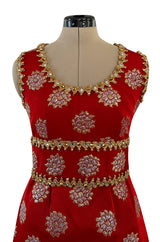Exceptional Late 1960s Oscar de la Renta Red Silk Dress w Gold & Silver Detailing