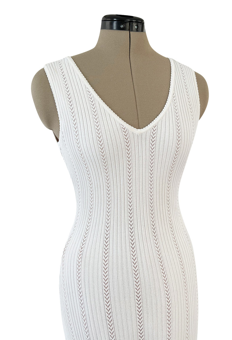 Mid 2000s Azzedine Alaia Supermodel Length White Knit w Nude Underlay Illusion Dress