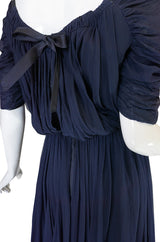 1950s Don Loper Blue Silk Dress w Chiffon Draped Back