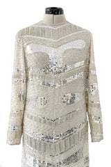 Iconic Spring 1981 Halston Fully Hand Beaded & Sequinned Silver & Ivory Silk Chiffon Dress