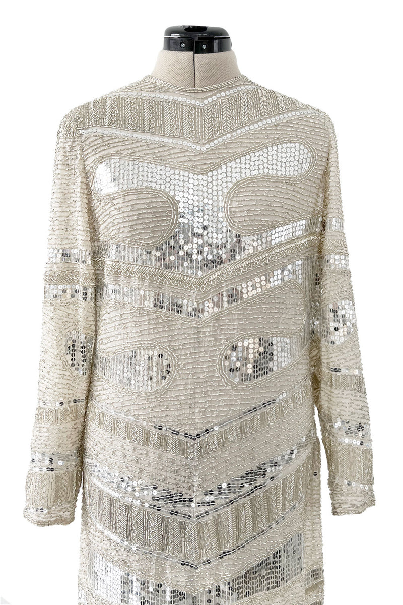 Iconic Spring 1981 Halston Fully Hand Beaded & Sequinned Silver & Ivory Silk Chiffon Dress