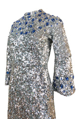 c.1967 Gene Shelly Blue Crystal & Silver Sequin Stretch Knit Dress
